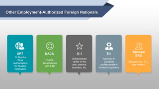 Other Employment-Authorized Foreign Nationals
12 Months
Work
Authorization
for Student
Graduates
DACA
Beneficiaries
with E...