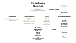 #NavigatingLife
#KeyIdeas
#PohSunGoh


18 January 2021 @ 0328am
#TaskAtHand
Man’s Search for Meaning

Vicktor Frankl
#ThisTooShallPass
#Attitude #MIndSet
https://
pohsungoh.blogspot.com/
2021/01/navigating-life.html

#Foundation
#Mindfulness
#Self-care
#Sleep
#Rest
#Nutrition
https://
www.simplypsychology.org
/maslow.html

#80/20
#Focus

#Happiness

#Satisfaction

#Values

#Contribution
#Growth
#Family
#Society
#PlantTree,
Raise Child,
Write Book
#EngagementWithLife
#LifelongLearning
#Teaching
#Health
#Healthcare
#Education
 