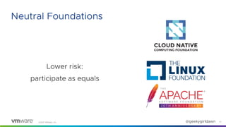 ©2021 VMware, Inc. @geekygirldawn
Lower risk:
participate as equals
10
Neutral Foundations
 