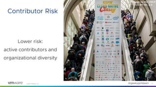 ©2021 VMware, Inc. @geekygirldawn
Lower risk:
active contributors and
organizational diversity
21
Contributor Risk
Image b...