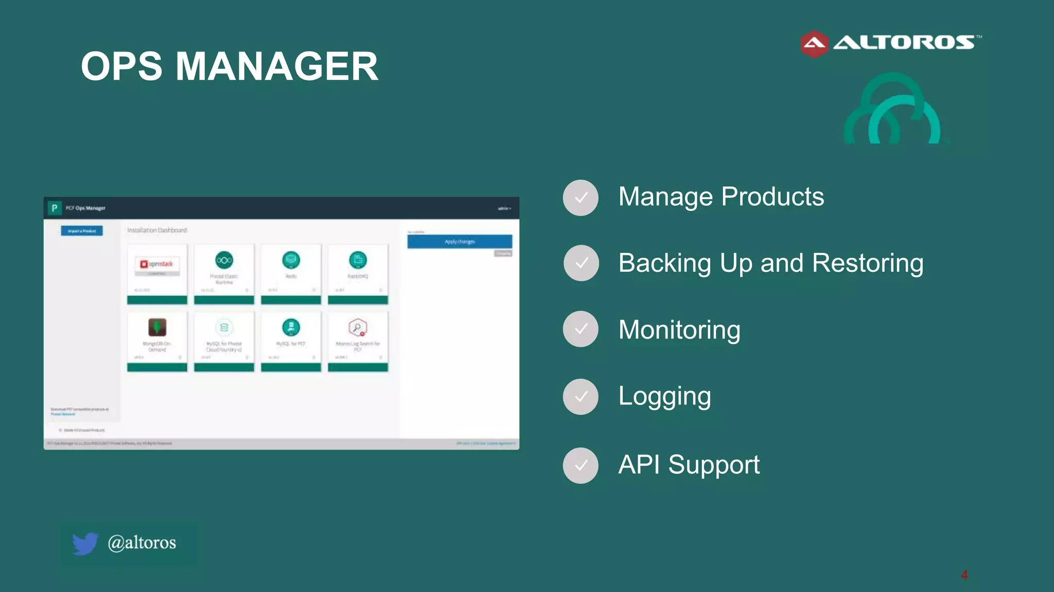 4
OPS MANAGER
Manage Products
Backing Up and Restoring
Monitoring
Logging
API Support
 