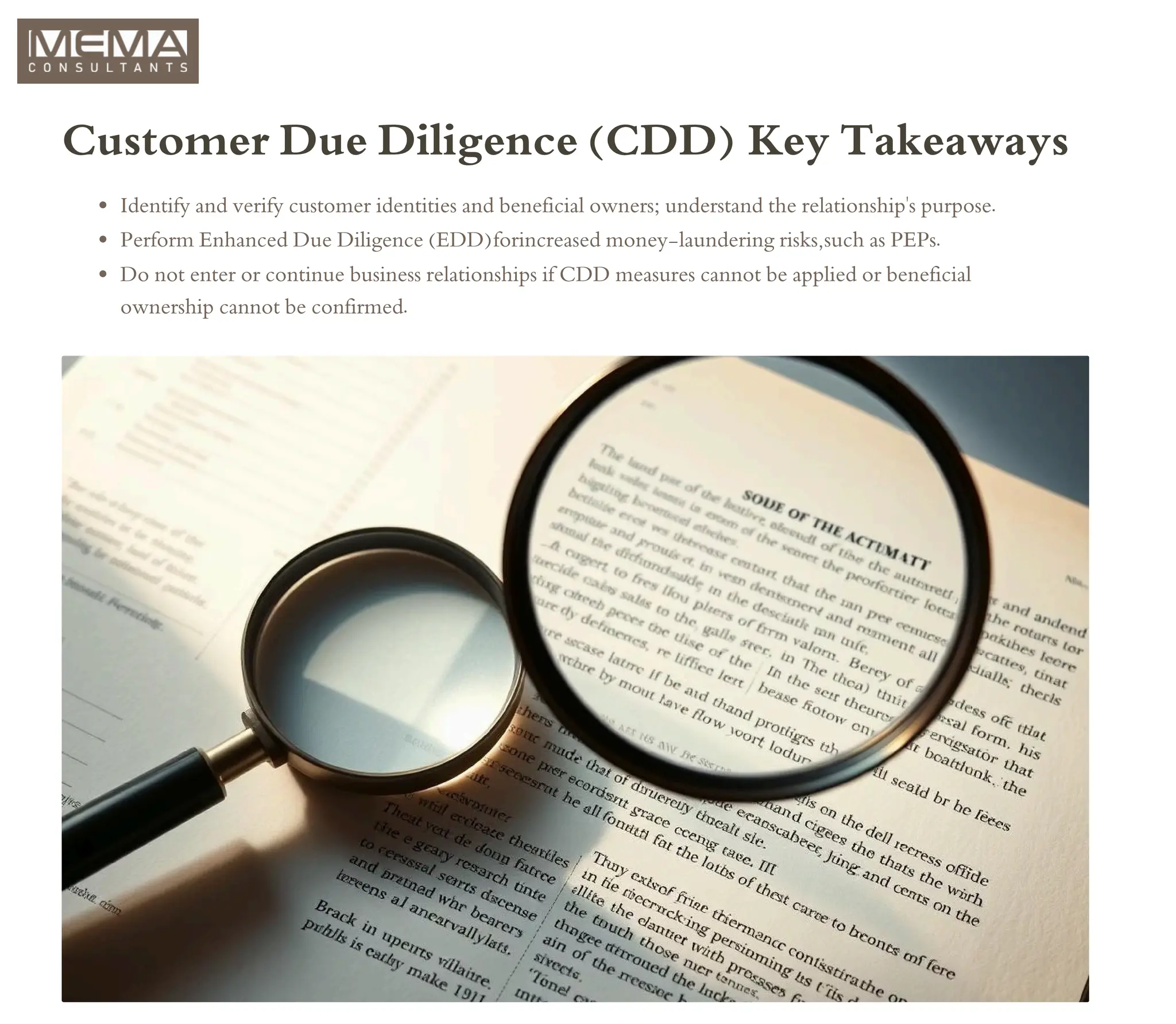 Customer Due Diligence (CDD) Key Takeaways
Identify and verify customer identities and beneficial owners; understand the relationship's purpose.
Perform Enhanced Due Diligence (EDD)forincreased money-laundering risks,such as PEPs.
Do not enter or continue business relationships if CDD measures cannot be applied or beneficial
ownership cannot be confirmed.
 