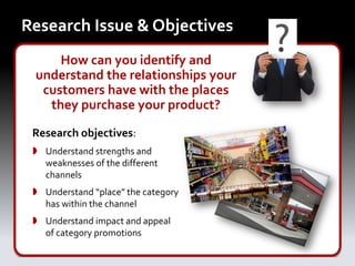 Research Issue & Objectives
     How can you identify and
 understand the relationships your
  customers have with the places
   they purchase your product?

 Research objectives:
  Understand strengths and
   weaknesses of the different
   channels
  Understand “place” the category
   has within the channel
  Understand impact and appeal
   of category promotions
 
