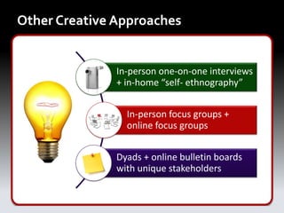 Other Creative Approaches


               In-person one-on-one interviews
               + in-home “self- ethnography”


                 In-person focus groups +
                 online focus groups


               Dyads + online bulletin boards
               with unique stakeholders
 