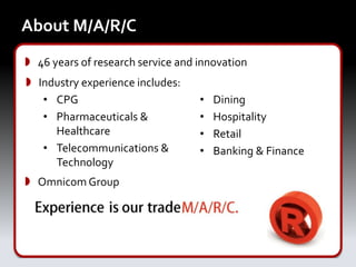 About M/A/R/C
 46 years of research service and innovation
 Industry experience includes:
   • CPG                           •   Dining
   • Pharmaceuticals &             •   Hospitality
     Healthcare                    •   Retail
   • Telecommunications &          •   Banking & Finance
     Technology
 Omnicom Group
 