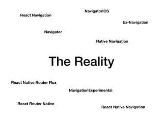 The Reality
React Navigation
Navigator
NavigatorIOS
React Native Navigation
Ex-Navigation
NavigationExperimental
React Router Native
React Native Router Flux
Native Navigation
 