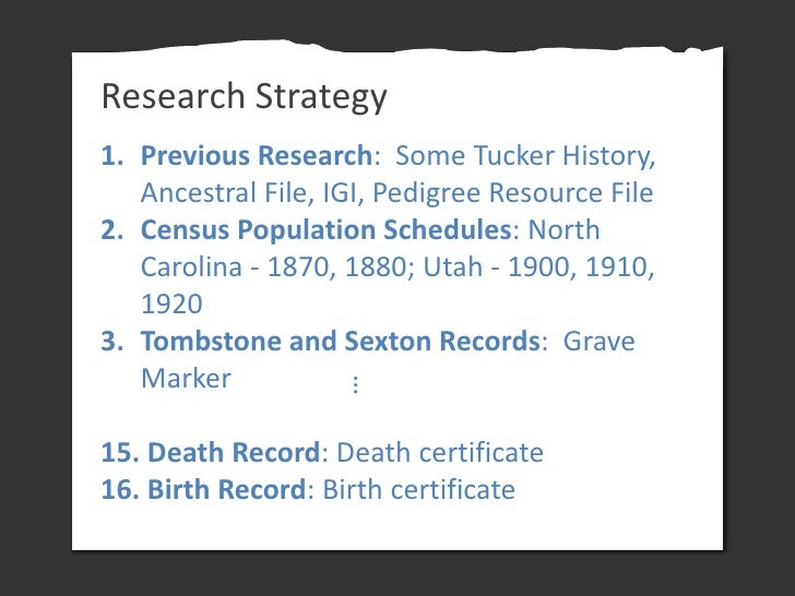 Research Log
Date     Location   Record/Source          Results                   Doc
7/4/2008 At home    Some Tucker Hist...