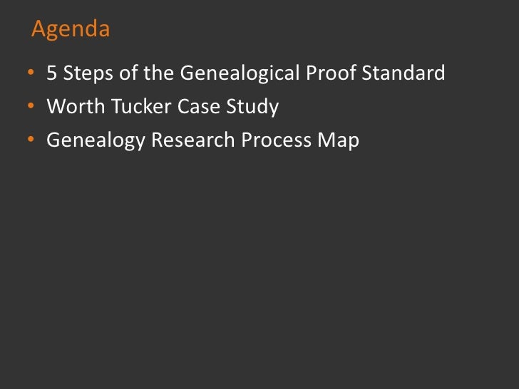 Agenda
• 5 Steps of the Genealogical Proof Standard
• Worth Tucker Case Study
• Genealogy Research Process Map
 