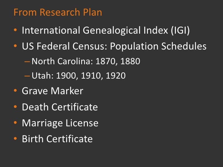 IGI Sources
1. Sealings of children to parents, 1893-
   1942; heir indexes, 1893-1942. Salt
   Lake Temple. 30 Nov 1870, ...