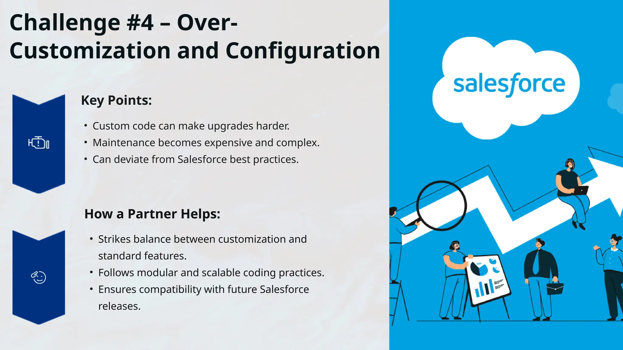 Challenge #4 – Over-
Customization and Configuration
Key Points:
• Custom code can make upgrades harder.
• Maintenance becomes expensive and complex.
• Can deviate from Salesforce best practices.
How a Partner Helps:
• Strikes balance between customization and
standard features.
• Follows modular and scalable coding practices.
• Ensures compatibility with future Salesforce
releases.
 