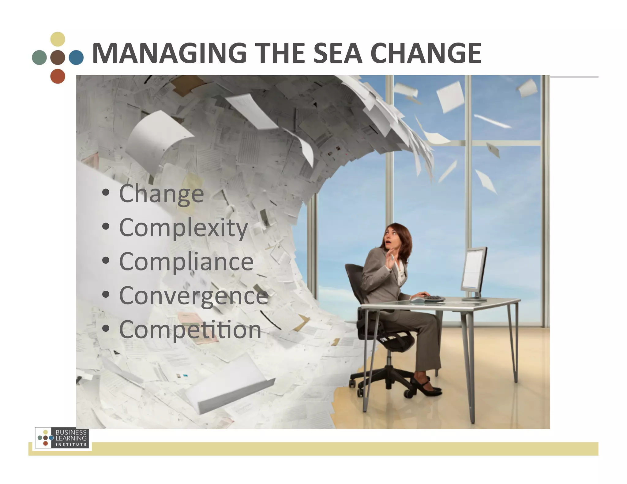 MANAGING	
  THE	
  SEA	
  CHANGE	
  



•  Change	
  
•  Complexity	
  
•  Compliance	
  
•  Convergence	
  
•  Compe<<on	
  
 