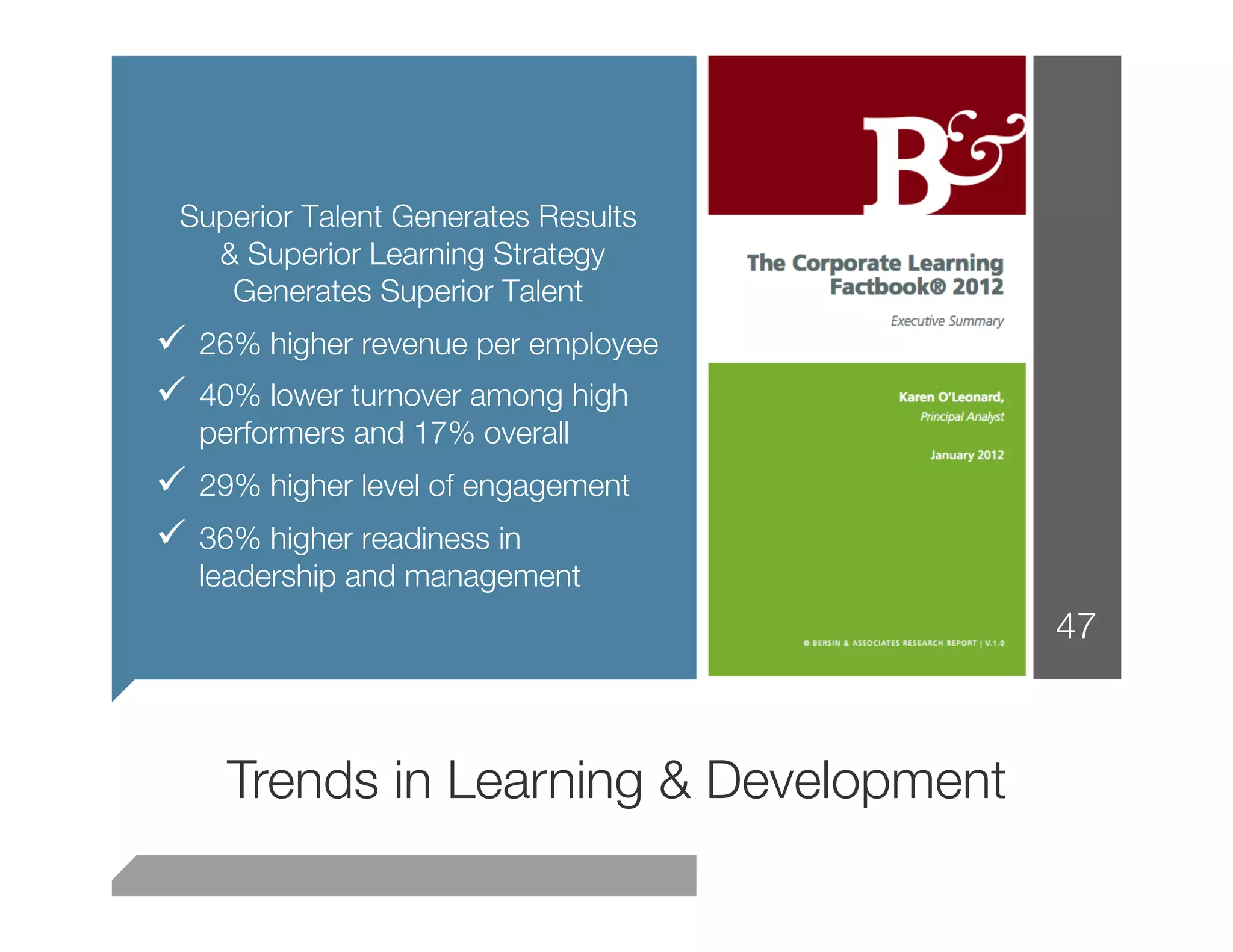 Superior Talent Generates Results"
   & Superior Learning Strategy
    Generates Superior Talent
  26% higher revenue per employee
  40% lower turnover among high
   performers and 17% overall
  29% higher level of engagement 
  36% higher readiness in
   leadership and management
                                         47



     Trends in Learning & Development
 