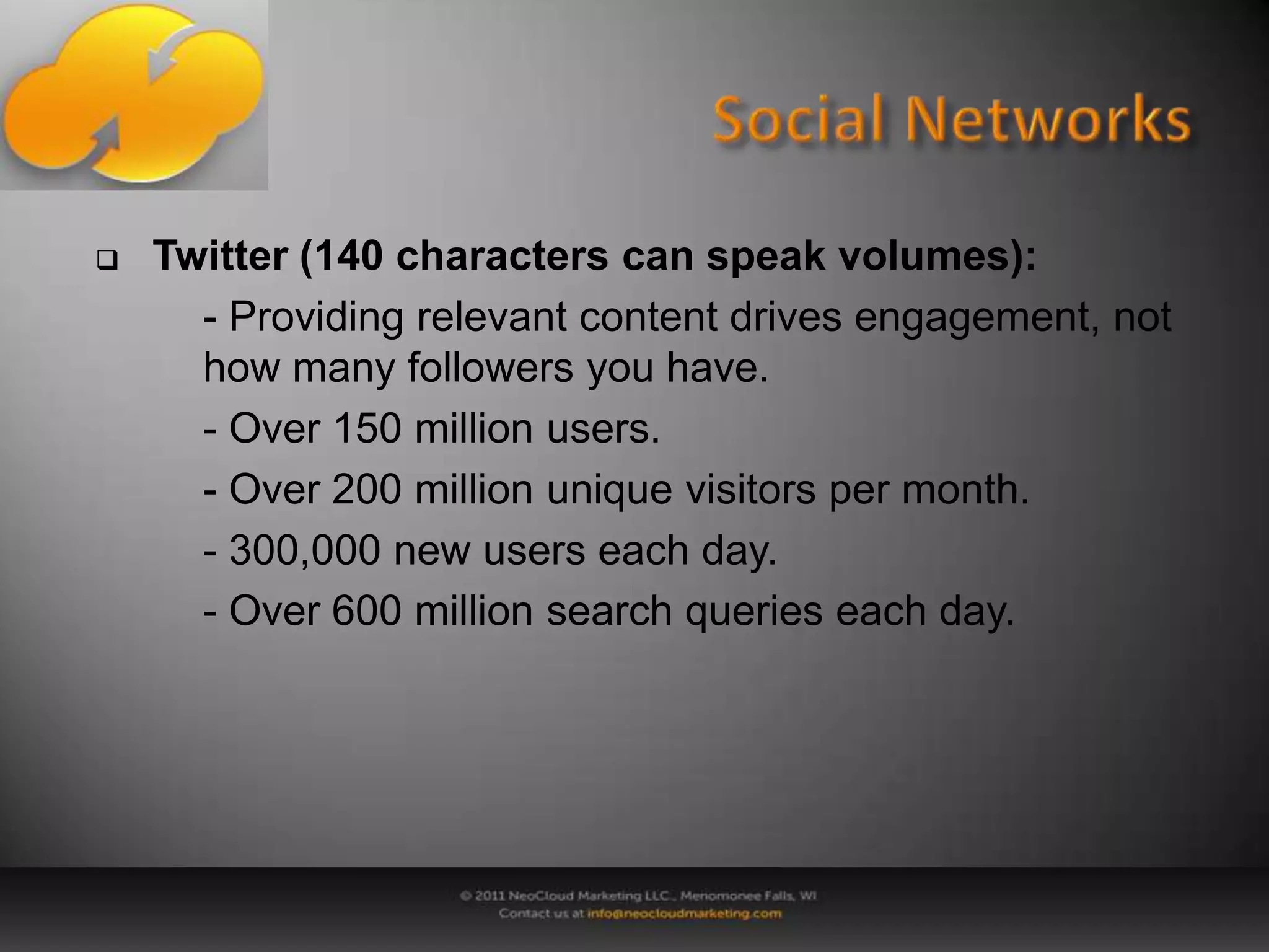 Developing a Web PresenceSearch Engine Optimization (SEO)- The rules of SEO are governed by search 	engines. The rules can and do change.(Google’s search algorithm now looks at your 	social media presence)- Build user friendly, well formed-websites- Cross promote your content and create back links 	to your site- Create a community on social media. Every 	comment or mention helps your site’s ranking.