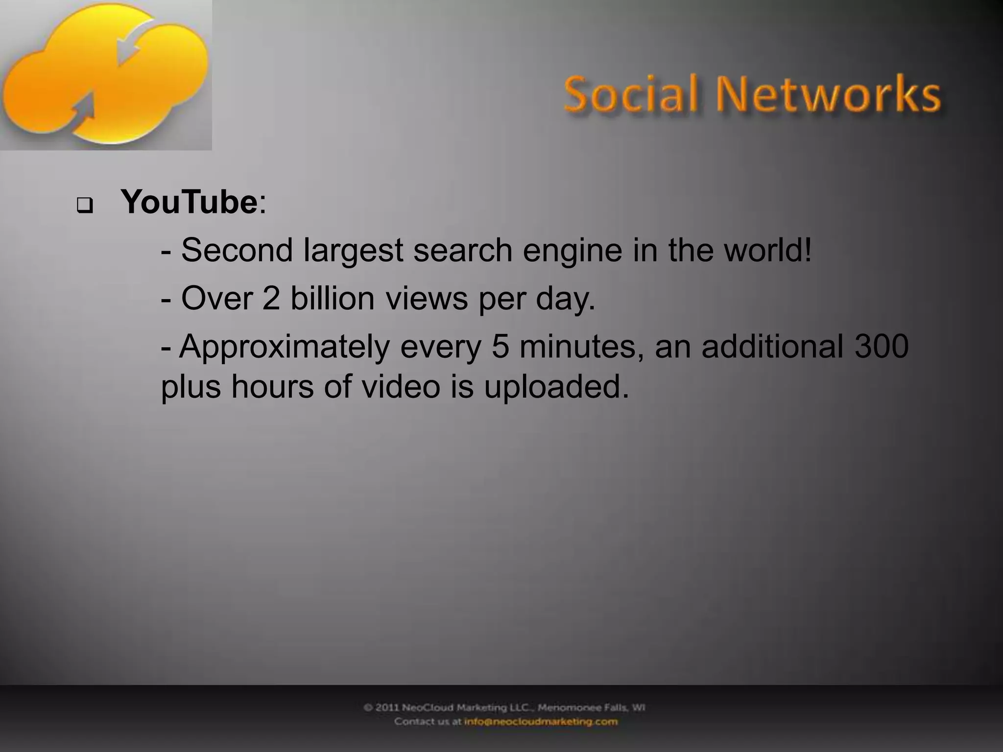 Developing a Web PresenceSocial Media- Develop a social media strategy.  Do not be one of 	those companies that create a Facebook page or 	Twitter account without having a targeted audience 	or clear purpose.- Listen, Establish Goals and Objectives, 	Develop a Plan, Develop Content, Engage and 	Measure.