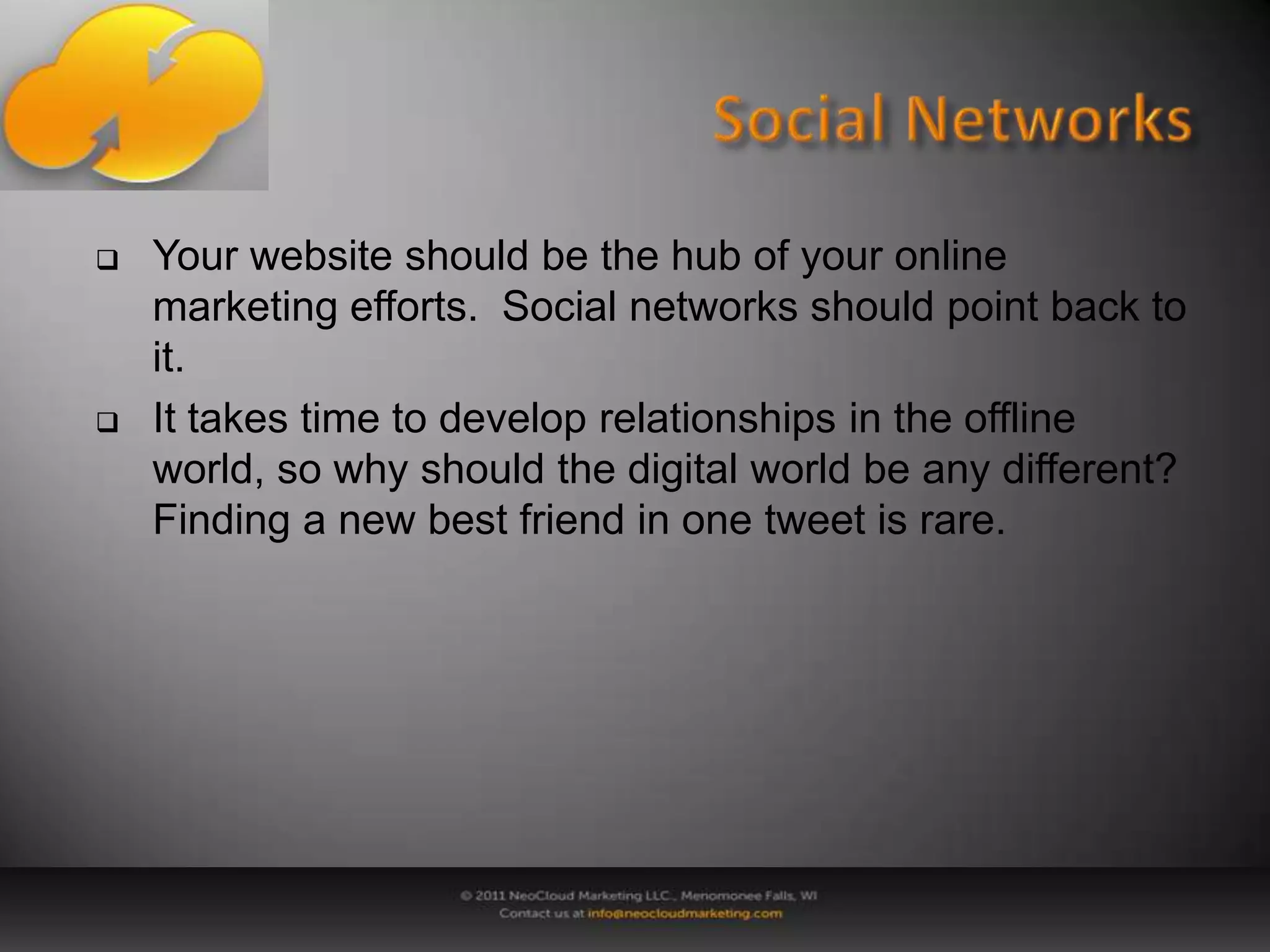 Social NetworksFB Continued:- There are over 1 billion objects that users 	interact with (pages, groups and events).- Average user is connected to 80 fan pages, 	groups and events.- More than 30 billion pieces of content (web links, 	news stories, blog posts, notes, photos) are 	shared each month on FB.