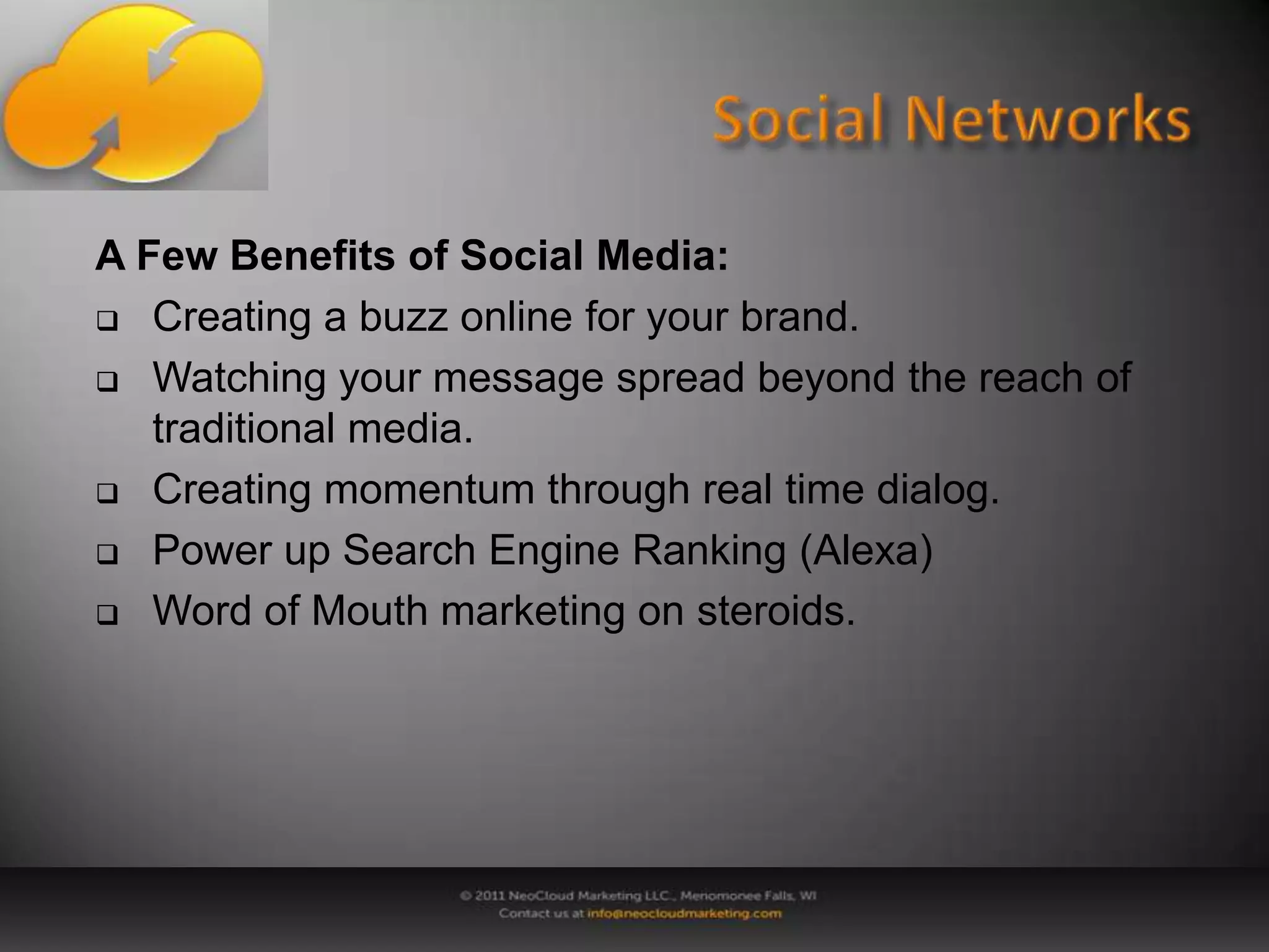 Social NetworksFB Continued:- More than 70 language translations are 	available on FB and over 300,000 users 	helped 	translate the site through the FB translation 	application.- More than 1 million developers and entrepreneurs 	from more than 180 countries have contributed to 	FB applications.- Every month 70% of FB users engage with more 	than 500,000 platform applications on FB.