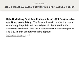 Work smart. Discover more.
Supported by
Data	
  Underlying	
  Published	
  Research	
  Results	
  Will	
  Be	
  Accessible	
  
and	
  Open	
  Immediately.	
  	
  The	
  founda&on	
  will	
  require	
  that	
  data	
  
underlying	
  the	
  published	
  research	
  results	
  be	
  immediately	
  
accessible	
  and	
  open.	
  	
  This	
  too	
  is	
  subject	
  to	
  the	
  transi&on	
  period	
  
and	
  a	
  12-­‐month	
  embargo	
  may	
  be	
  applied.	
  
hdp://www.gatesfounda&on.org/How-­‐We-­‐Work/
General-­‐Informa&on/Open-­‐Access-­‐Policy	
  
 