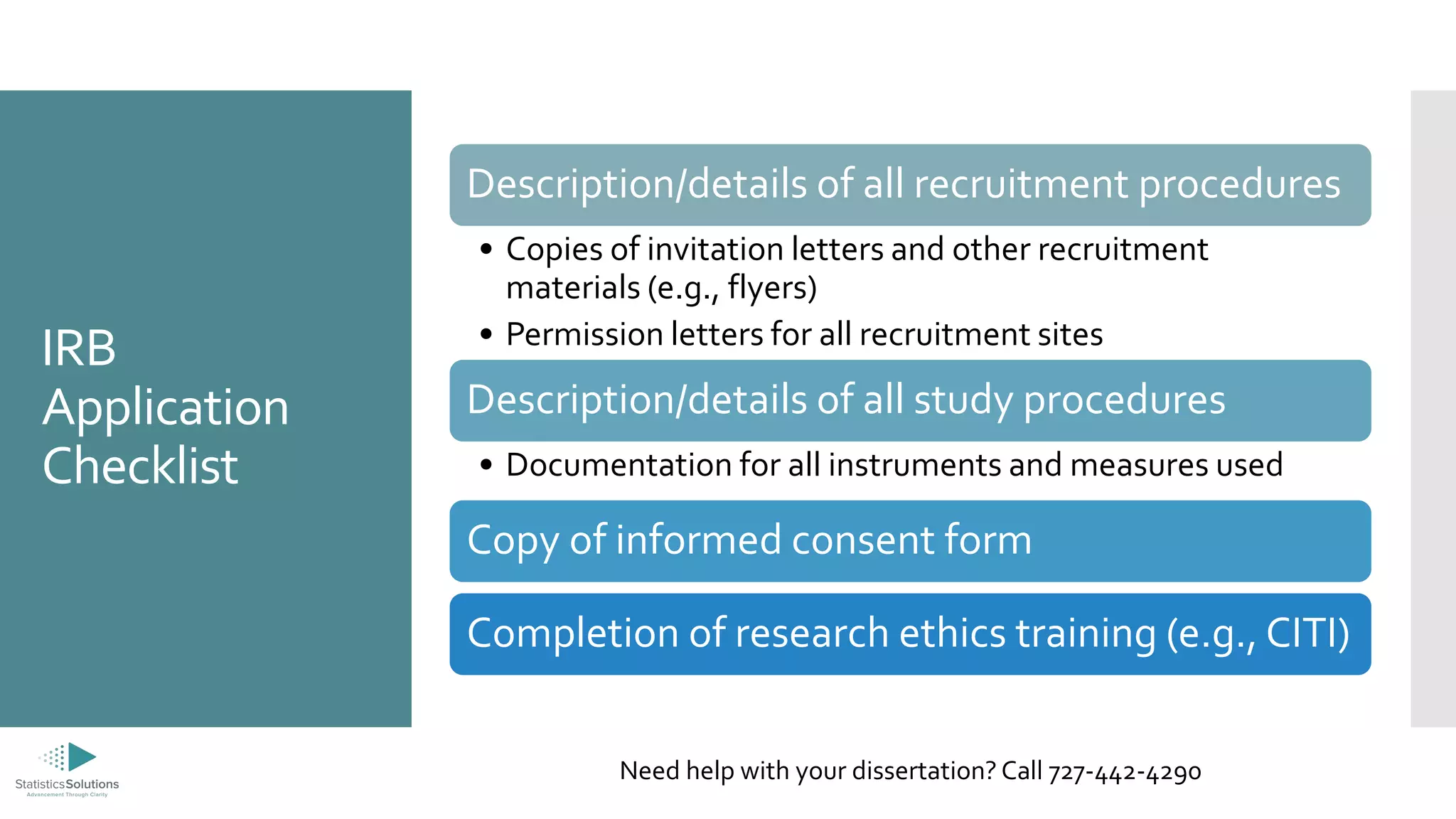 IRB
Application
Checklist
Description/details of all recruitment procedures
• Copies of invitation letters and other recruitment
materials (e.g., flyers)
• Permission letters for all recruitment sites
Description/details of all study procedures
• Documentation for all instruments and measures used
Copy of informed consent form
Completion of research ethics training (e.g., CITI)
Need help with your dissertation? Call 727-442-4290
 