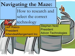 Navigating the Maze: Navigating the Maze: 
How to research and
select the correct
technology
How to research and
select the correct
technology
Stephen Nold
President
Advon Technologies
Jeff Rasco
President
AttendeeMangement Inc.
 