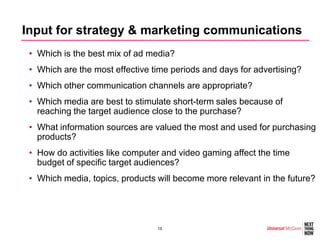 Input for strategy & marketing communications
 • Which is the best mix of ad media?
 • Which are the most effective time periods and days for advertising?
 • Which other communication channels are appropriate?
 • Which media are best to stimulate short-term sales because of
   reaching the target audience close to the purchase?
 • What information sources are valued the most and used for purchasing
   products?
 • How do activities like computer and video gaming affect the time
   budget of specific target audiences?
 • Which media, topics, products will become more relevant in the future?




                                 15
 