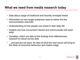 What we need from media research today

 • Data about usage of traditional and recently emerged media
 • Information on how target audiences react to below the line
   communication channels
 • Understanding of how people use media in their daily life
 • Insights into how consumers interact and communicate with each
   other
 • Variables, which are able to link findings from effectiveness
   research to robust survey data
 • …and last but not least: An idea of what the near future will bring to
   the fields of consumer behaviour and media usage




                                   6
 