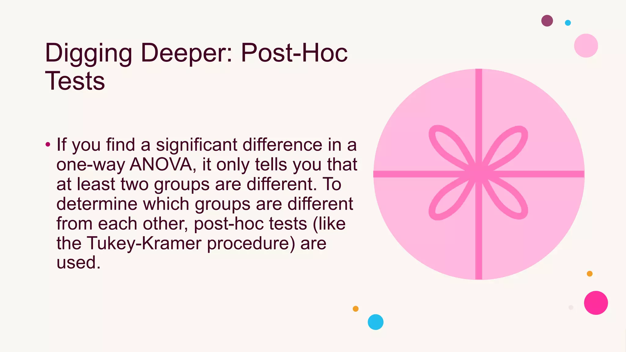 Digging Deeper: Post-Hoc
Tests
• If you find a significant difference in a
one-way ANOVA, it only tells you that
at least two groups are different. To
determine which groups are different
from each other, post-hoc tests (like
the Tukey-Kramer procedure) are
used.
 