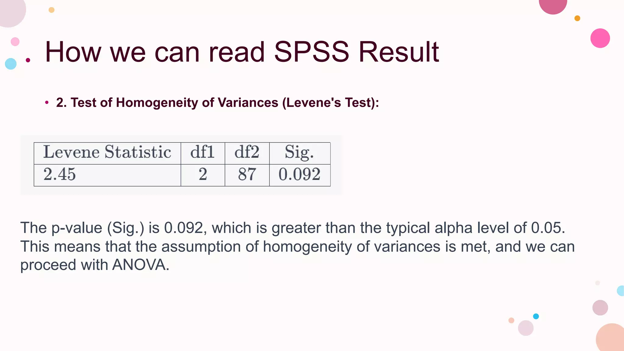 How we can read SPSS Result
• 2. Test of Homogeneity of Variances (Levene's Test):
The p-value (Sig.) is 0.092, which is greater than the typical alpha level of 0.05.
This means that the assumption of homogeneity of variances is met, and we can
proceed with ANOVA.
 