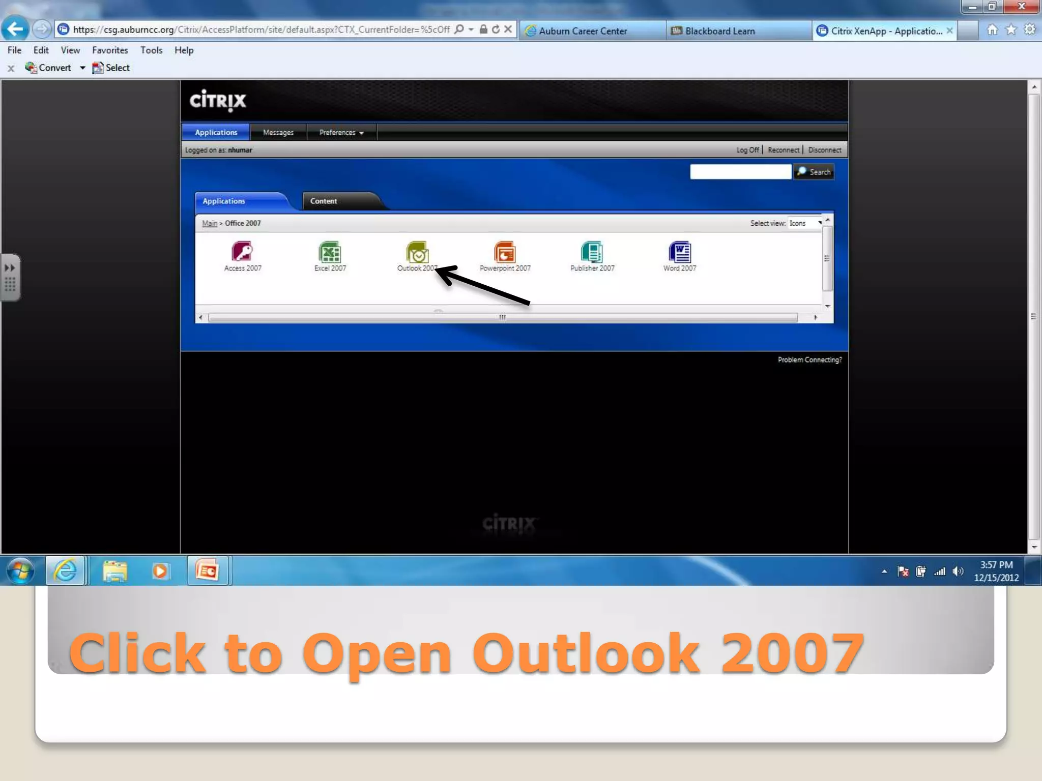 Click to Open Outlook 2007