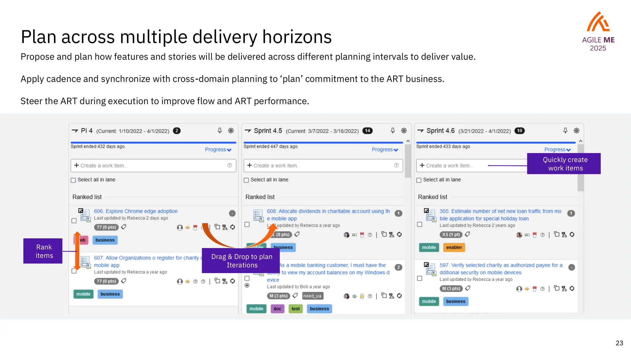 23
Plan across multiple delivery horizons
Propose and plan how features and stories will be delivered across different planning intervals to deliver value.
Apply cadence and synchronize with cross-domain planning to ‘plan’ commitment to the ART business.
Steer the ART during execution to improve flow and ART performance.
Drag & Drop to plan
Iterations
Quickly create
work items
Rank
items
 