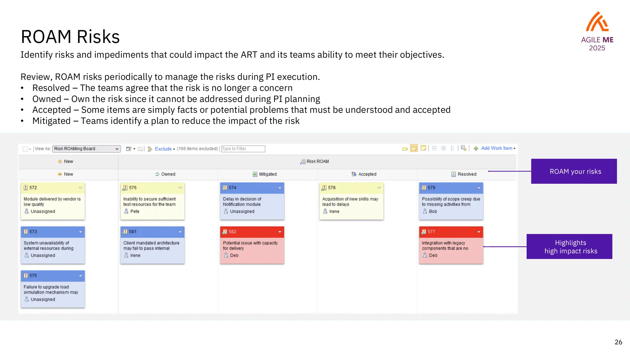 26
ROAM Risks
Identify risks and impediments that could impact the ART and its teams ability to meet their objectives.
Review, ROAM risks periodically to manage the risks during PI execution.
• Resolved – The teams agree that the risk is no longer a concern
• Owned – Own the risk since it cannot be addressed during PI planning
• Accepted – Some items are simply facts or potential problems that must be understood and accepted
• Mitigated – Teams identify a plan to reduce the impact of the risk
Highlights
high impact risks
ROAM your risks
 
