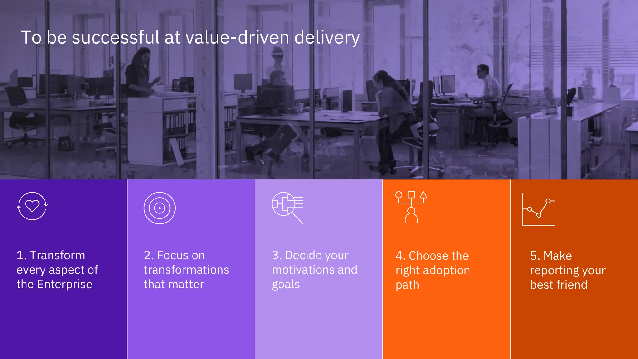 29
To be successful at value-driven delivery
1. Transform
every aspect of
the Enterprise
2. Focus on
transformations
that matter
3. Decide your
motivations and
goals
5. Make
reporting your
best friend
4. Choose the
right adoption
path
 