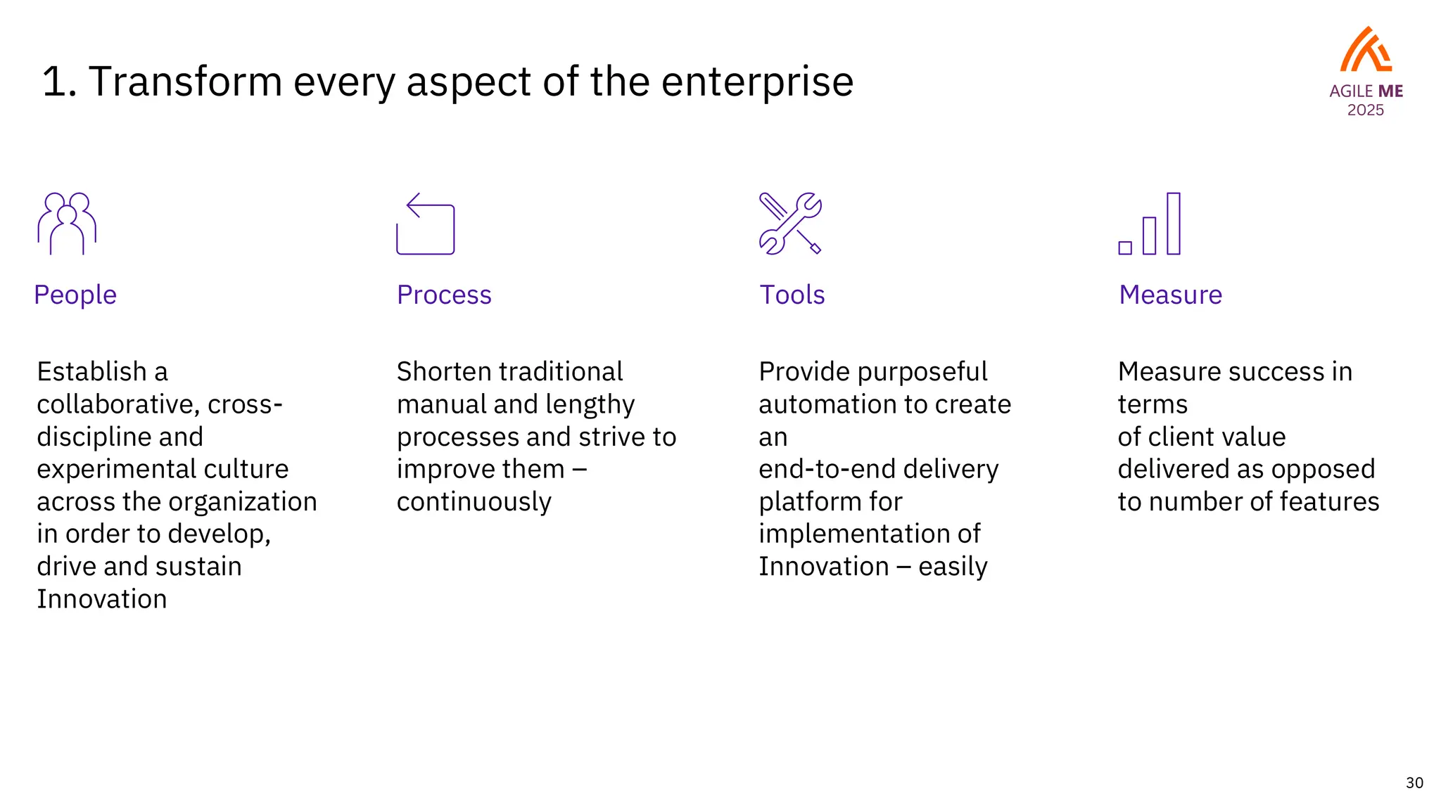30
1. Transform every aspect of the enterprise
Tools
Process
Establish a
collaborative, cross-
discipline and
experimental culture
across the organization
in order to develop,
drive and sustain
Innovation
Shorten traditional
manual and lengthy
processes and strive to
improve them –
continuously
Provide purposeful
automation to create
an
end-to-end delivery
platform for
implementation of
Innovation – easily
Measure
Measure success in
terms
of client value
delivered as opposed
to number of features
People
 