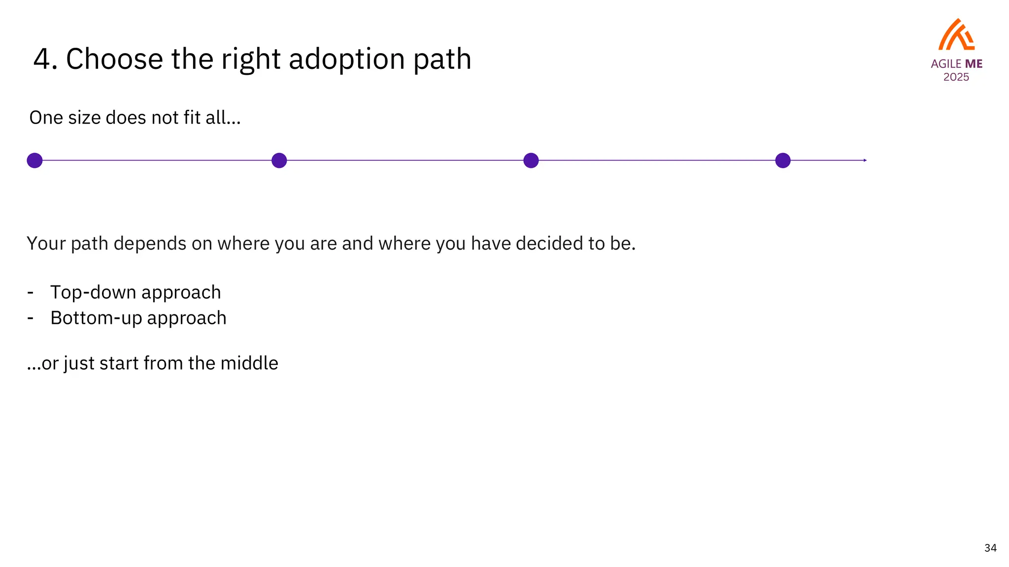 34
4. Choose the right adoption path
One size does not fit all…
Your path depends on where you are and where you have decided to be.
- Top-down approach
- Bottom-up approach
…or just start from the middle
 