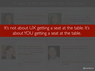 A seat at the table for the discipline?
Eric Reiss:                                                  Whitney Hess:
              Part of the problem is that organizations
              don’t know who UX should report to.                      I help companies improve the lives of their
              It’s time to stop deﬁning the damn thing and             customers and their employees. What
              show what value it can bring. Until                      past clients often say about me is:
              we don’t start thinking and talking in                   “she is so much more than a UX
              business terms we will never inﬂuence at a               designer”.
              strategic level. No one cares about our

  It’s not about UX getting a seat at the table. It’s
              wireframes, they care about how we can
              grow their business. We need to start
              presenting a facet of what we do
        about YOU getting a seat at the table.
              that’s important to the work of those
              who make the decisions.



Lis Hubert:                                                  Jared Folkmann:
                 How many of you out there                            UXers need to understand there are
                 know what your career path is?                       already people who decide what will
                 Ok you can do wireframes, interviews,                be made, what direction will be taken, who
                 task analysis, etc… but what next?                   the customer really is, what value can be
                 UX management? But you don’t                         brought, and all other strategic matters. In
                 want to be a manager. What else                      agencies it’s the account people, planners,
                 besides management is next for a                     and creatives. In-house it may be the
                 UXer? We can’t answer that question,                 marketing people or product management.
                 because there are not career                         You want to inﬂuence strategy, be a
                 paths that have been established in                  strategist.
                 our ﬁeld.
                                                                                                     @shaidelson
 