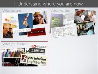 1. Understand where you are now
Who you are:          What you do:




What you learned:
 