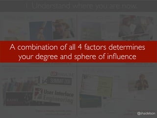 1. Understand where you are now.
Who you are:                                          What you do:




  A combination of all 4 factors determines
    your degree and sphere of inﬂuence
         Personality, education, background, looks,             Research, gather requirements, synthesize,
          connections, place of employment, etc...                             facilitate, sketch, test, etc...

What you know:                                        What you say:




               Topics, principles, methods, tools,                                 Your tweets, discussions,
                         trends, techniques, etc...                                          @shaidelson
                                                                                postings, talks, articles, etc...
 