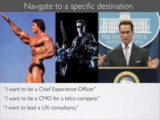Navigate to a speciﬁc destination




“I want to be a Chief Experience Ofﬁcer”
“I want to be a CMO for a telco company”
“I want to lead a UX consultancy”
 