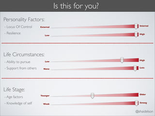 Is this for you?
Personality Factors:
                                                        Internal
- Locus Of Control      External


- Resilience                                            High
                           Low




Life Circumstances:
                                                        High
- Ability to pursue         Low


- Support from others     None
                                                        Lots




Life Stage:
                                                        Older
                        Younger
- Age factors
- Knowledge of self       Weak
                                                        Strong



                                                      @shaidelson
 