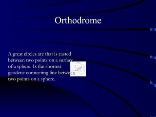 Orthodrome A great circles arc that is casted between two points on a surface of a sphere. Is the shortest geodetic connecting line between two points on a sphere. 