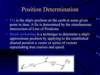 Position Determination Fix  is the ship's position on the earth at some given point in time. A fix is determined by the simultaneous intersection of Line of Positions. Dead reckoning  is a technique to determine a ship's approximate position by applying to the established charted position a vector or series of vectors representing true courses and speed. 