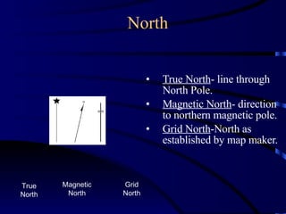 North True North - line through North Pole. Magnetic North - direction to northern magnetic pole. Grid North -North as established by map maker. True North Magnetic North Grid North 