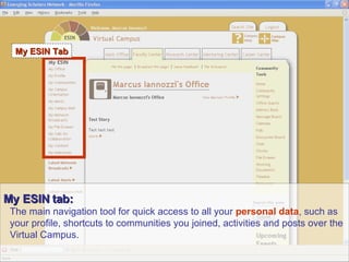 My ESIN tab: The main navigation tool for quick access to all your  personal data , such as your profile, shortcuts to communities you joined, activities and posts over the Virtual Campus. My ESIN Tab 