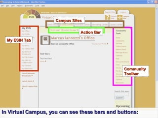 My ESIN Tab Community Toolbar Campus Sites Action Bar In Virtual Campus, you can see these bars and buttons: 