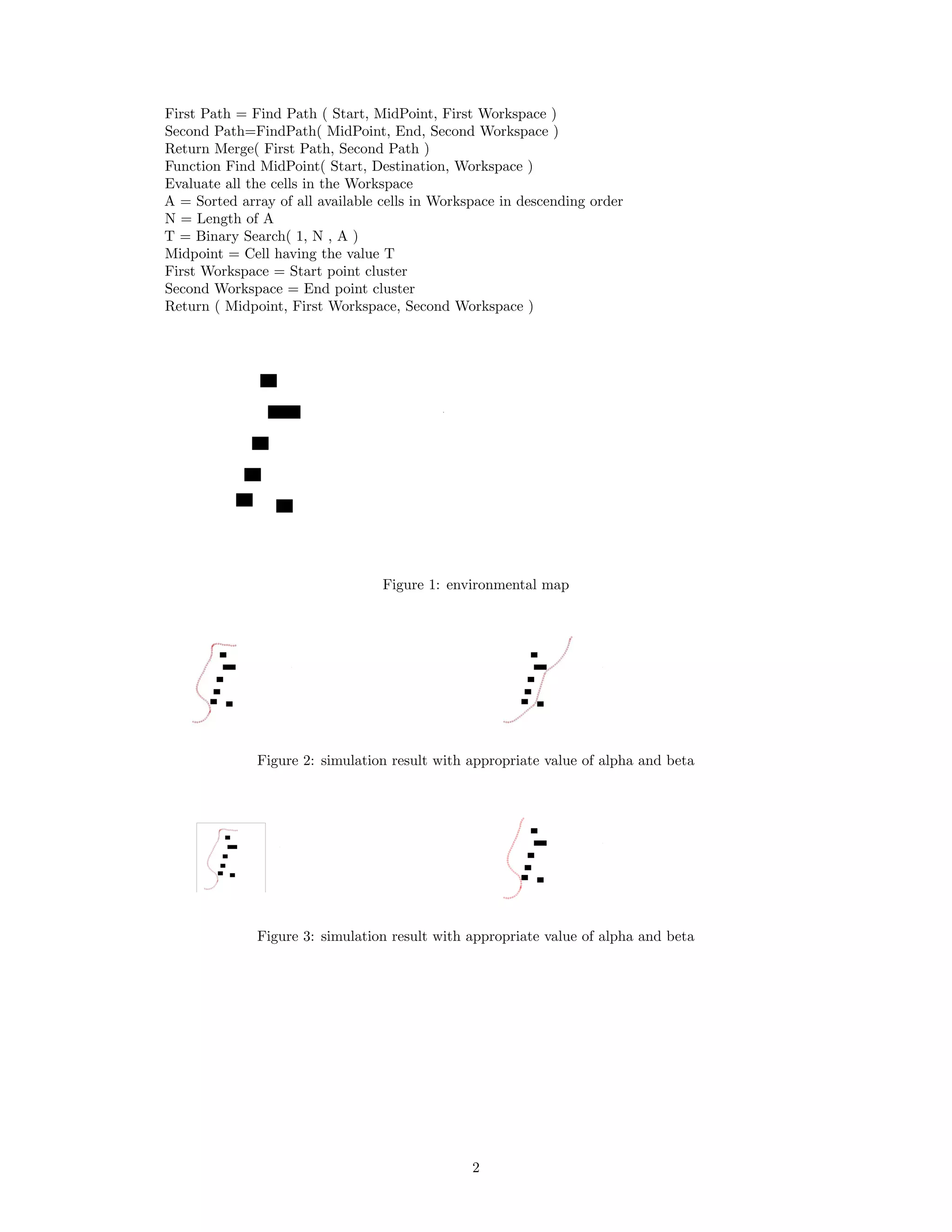 First Path = Find Path ( Start, MidPoint, First Workspace )
Second Path=FindPath( MidPoint, End, Second Workspace )
Return Merge( First Path, Second Path )
Function Find MidPoint( Start, Destination, Workspace )
Evaluate all the cells in the Workspace
A = Sorted array of all available cells in Workspace in descending order
N = Length of A
T = Binary Search( 1, N , A )
Midpoint = Cell having the value T
First Workspace = Start point cluster
Second Workspace = End point cluster
Return ( Midpoint, First Workspace, Second Workspace )
Figure 1: environmental map
Figure 2: simulation result with appropriate value of alpha and beta
Figure 3: simulation result with appropriate value of alpha and beta
2
 