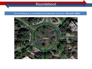 Roundabout

For classifying as a roundabout the diameter must be > 5m and <120m
 