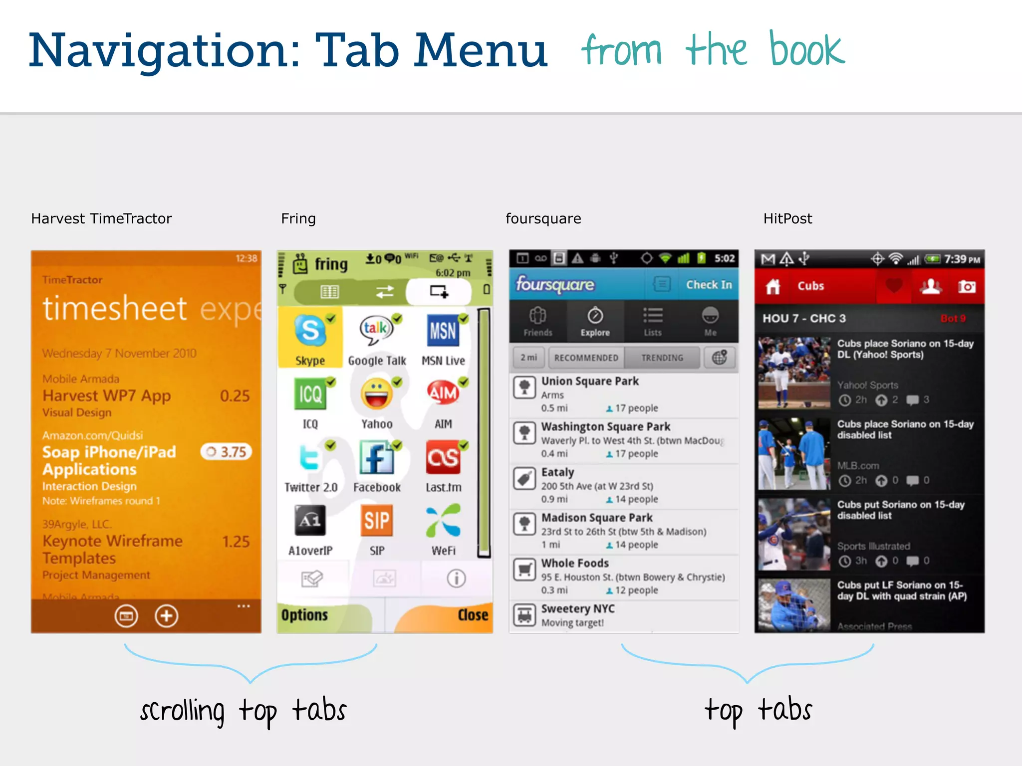 Navigation: Tab Menu from the book


Harvest TimeTractor       Fring    foursquare       HitPost




              scrolling top tabs                top tabs
 