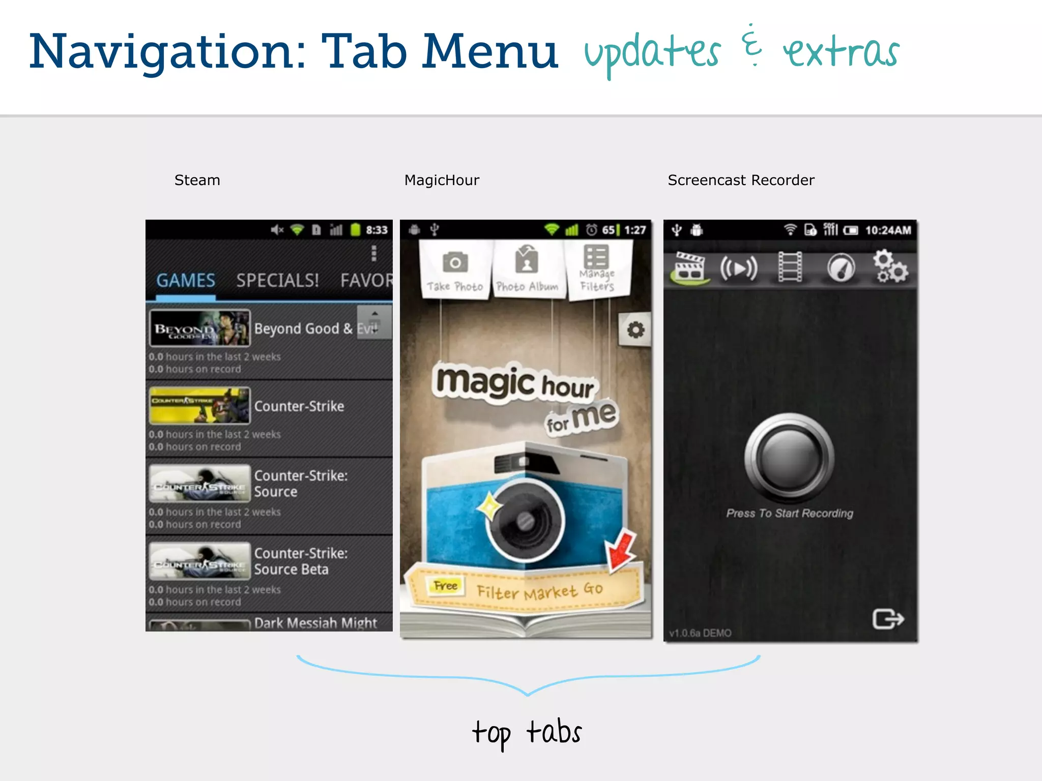 Navigation: Tab Menu updates & extras

      Steam    MagicHour          Screencast Recorder




                       top tabs
 