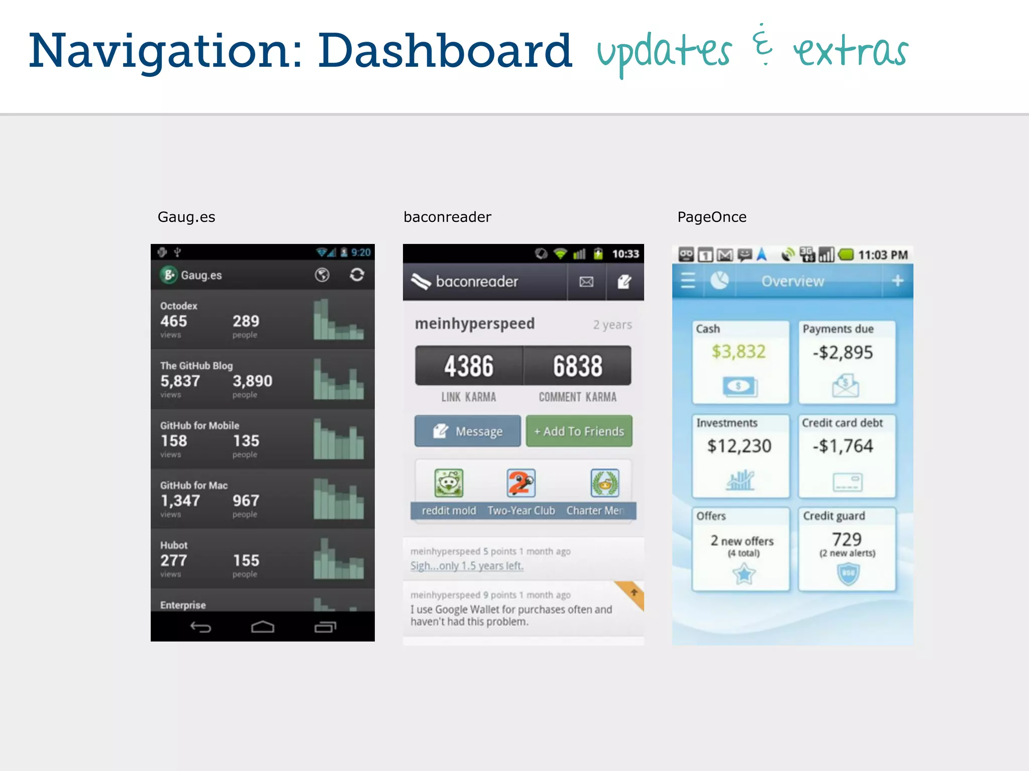 Navigation: Dashboard updates & extras


     Gaug.es    baconreader   PageOnce
 