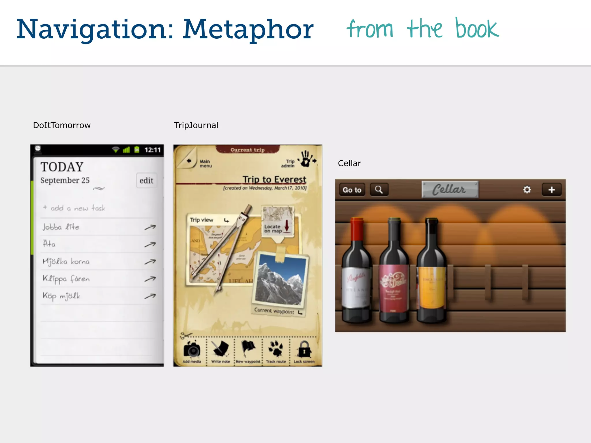Navigation: Metaphor            from the book


 DoItTomorrow   TripJournal



                              Cellar
 