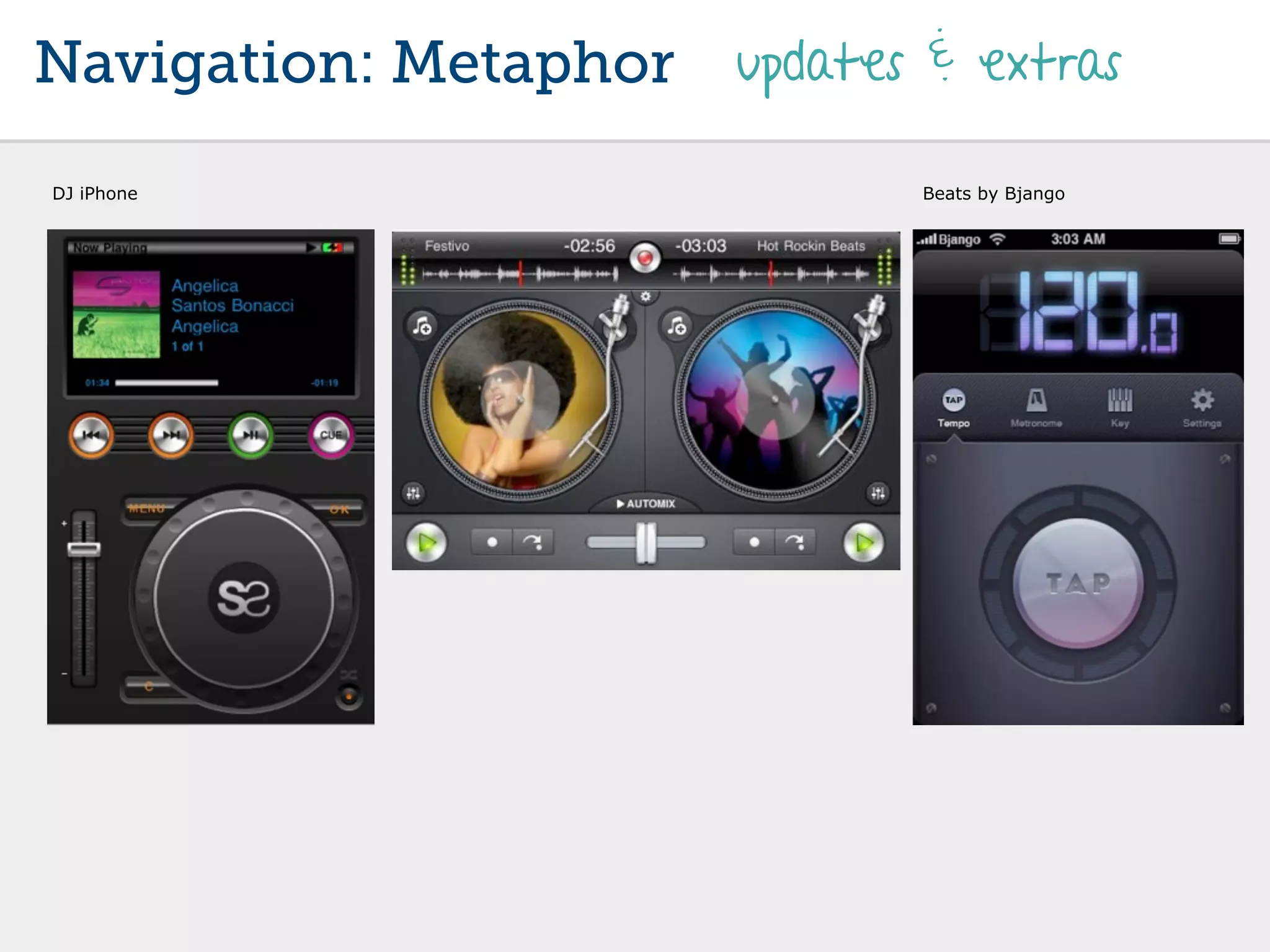 Navigation: Metaphor   updates & extras

DJ iPhone                     Beats by Bjango
 
